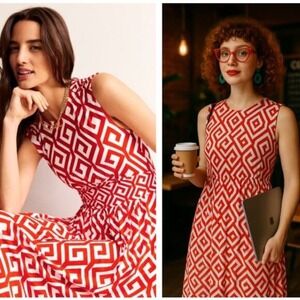 BODEN Thea Sleeveless Midi Dress Postbox Red Maze UK 10 US 6